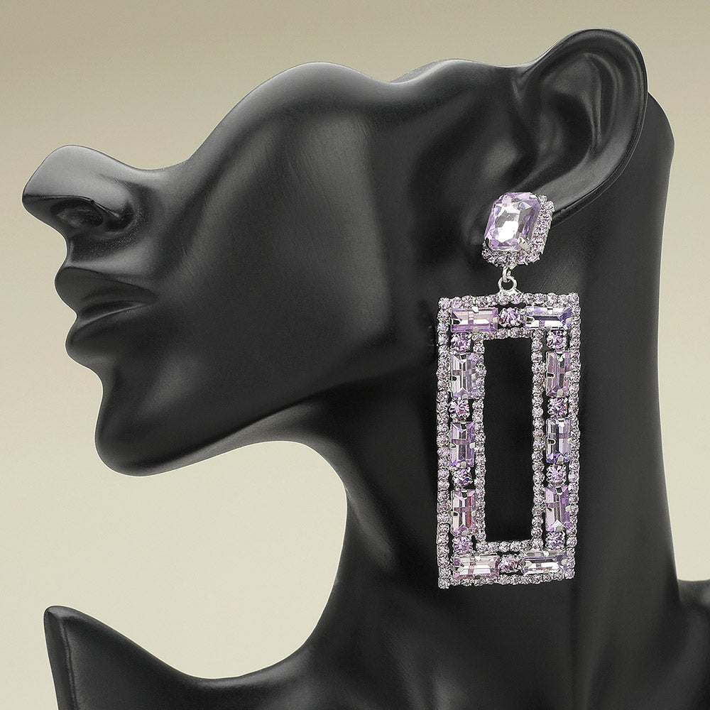 Large Lavender Multi Shape Stone Open Rectangle Earrings on black mannequin earlobe