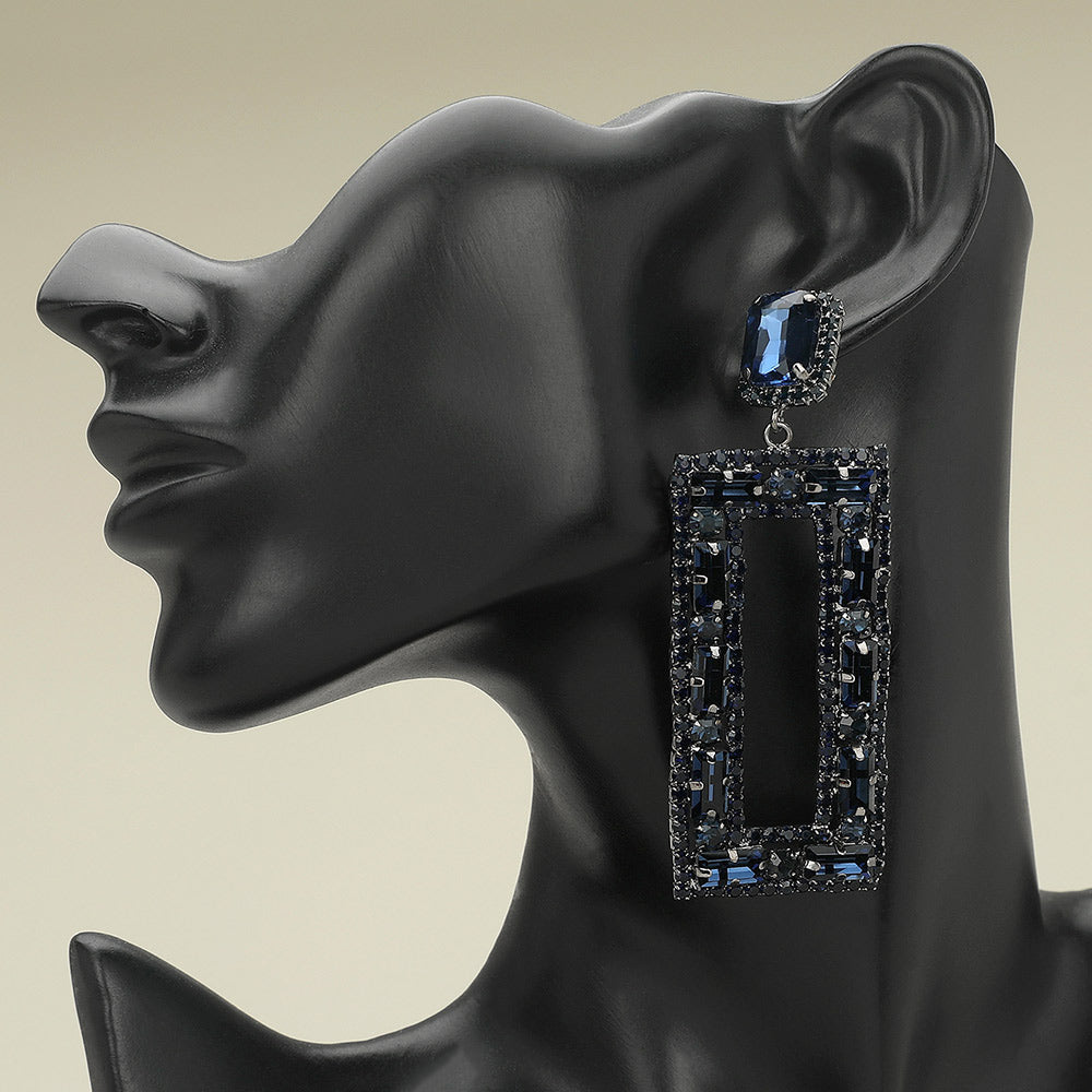 Large Navy Multi Shape Stone Open Rectangle Earrings on black mannequin earlobe