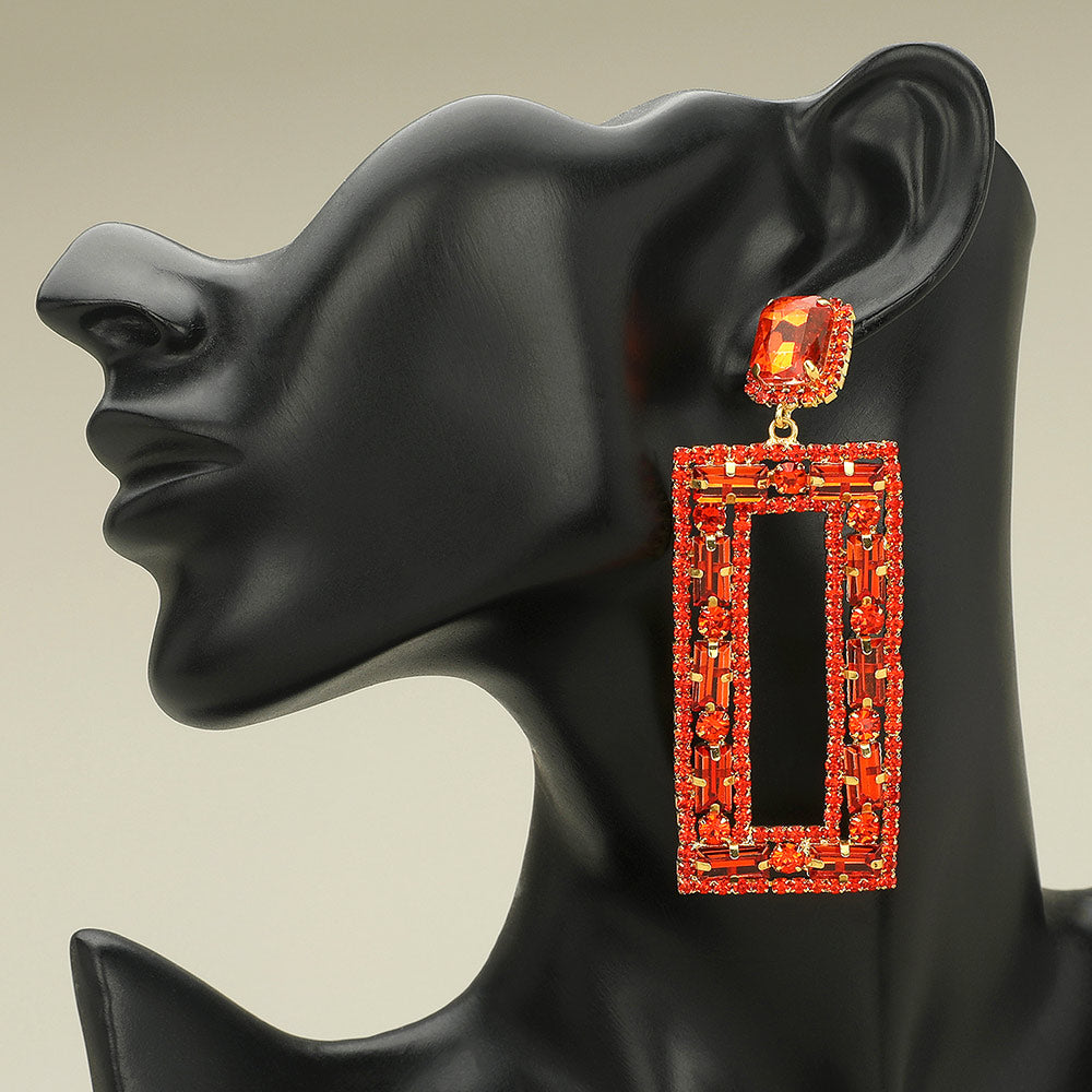 Large Orange Multi Shape Stone Open Rectangle Earrings on black mannequin earlobe