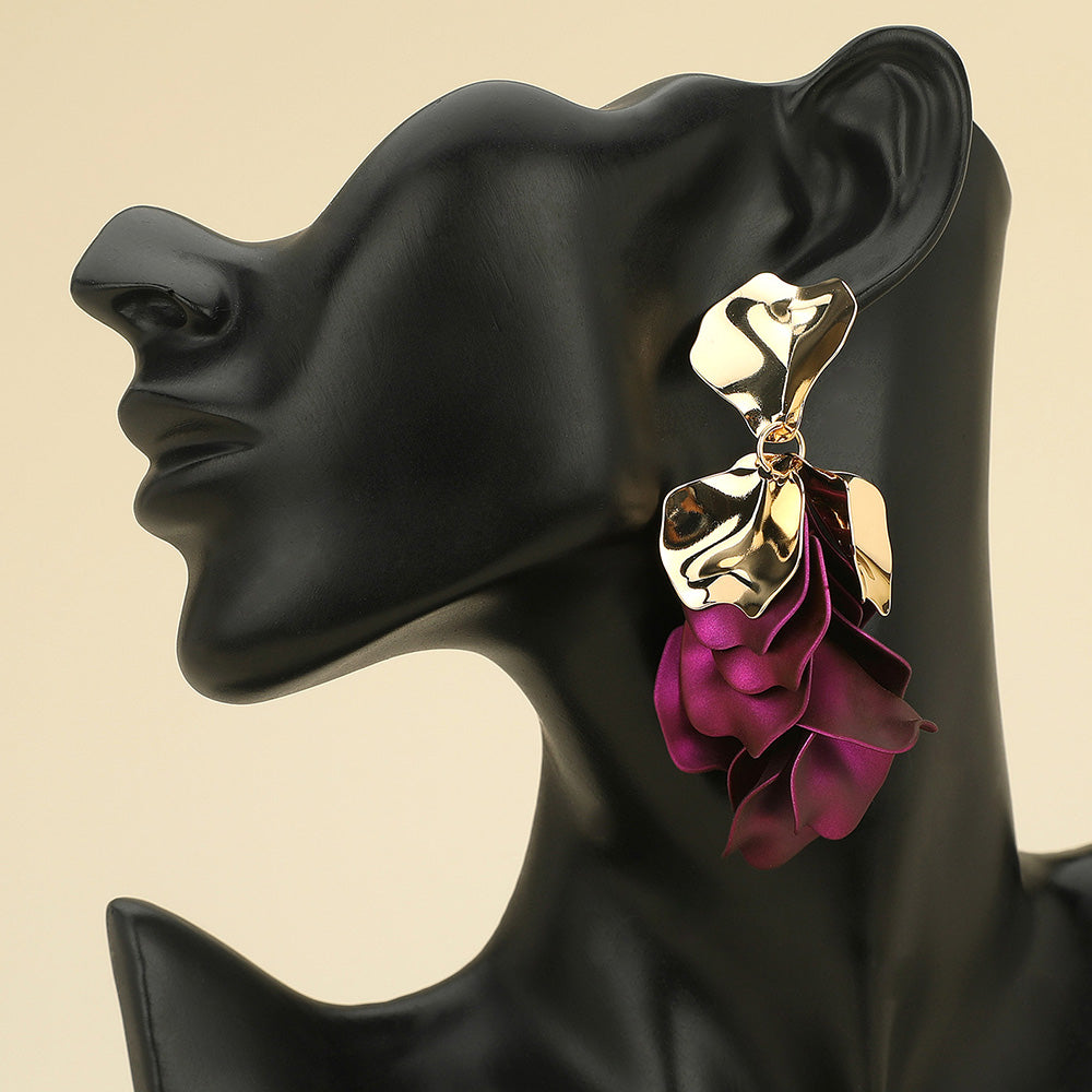 Large purple and Gold Metallic Petal Drop Earrings for Fun Fashion, Outfit of Choice, Headshots on a black manequin's ear