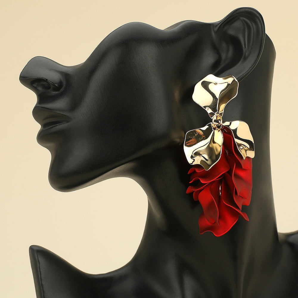 Large Red and Gold Metallic Petal Drop Earrings for Fun Fashion, Outfit of Choice, Headshots on a black manequin's ear