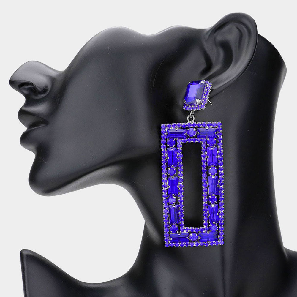 Large Royal Blue Multi Shape Stone Open Rectangle Earrings on black mannequin earlobe