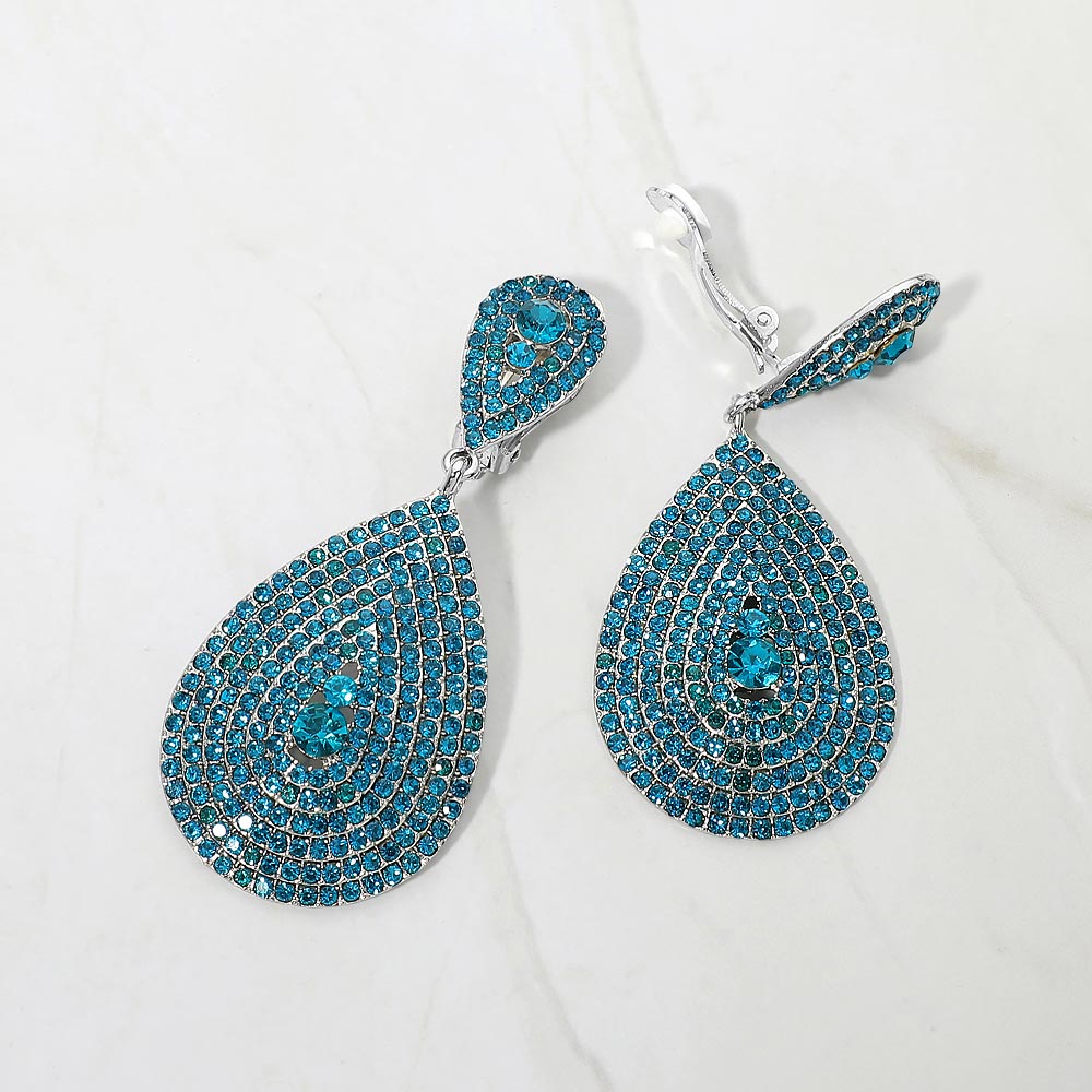 Large Teal Crystal Drop Earrings on Gold | Clip On | 490243