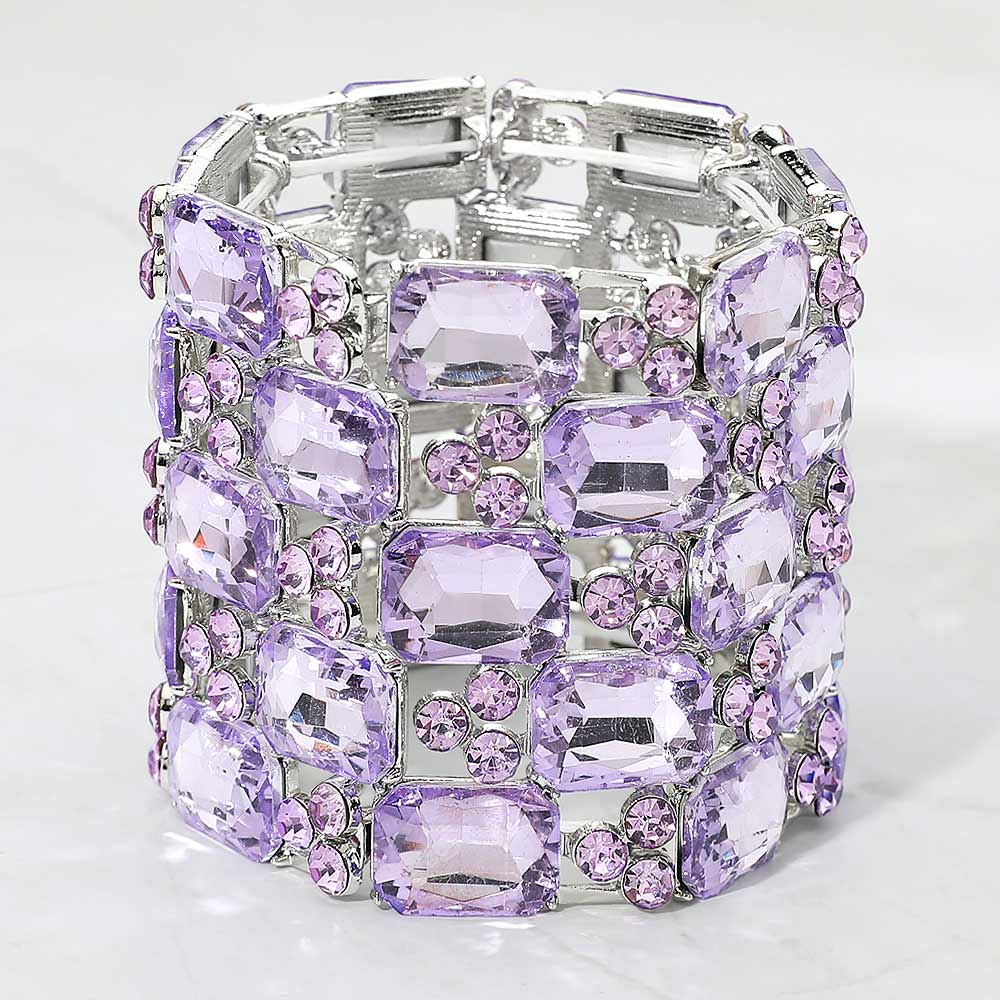 Large Violet Purple emerald cut crystal stretch pageant bracelet on silver on white background
