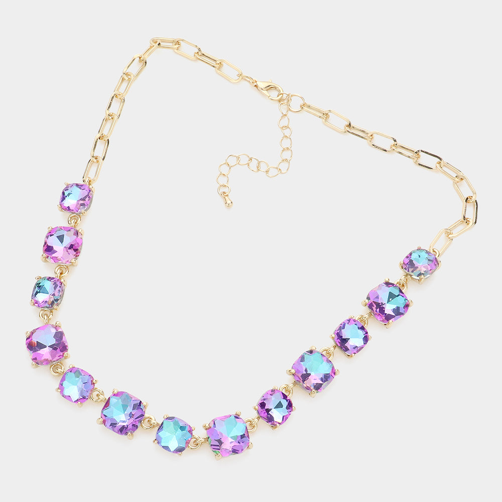 Lavender AB Cushion Square Stone Link Pageant Necklace | Prom Necklace, gold backed, on a beige background. 