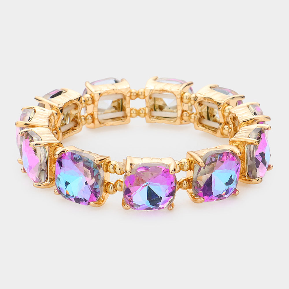 Lavender AB cushion square stone stretch evening bracelet on gold, iridescent evening bracelet on a white background