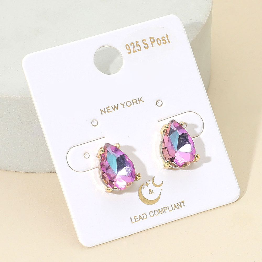 Pair of Lavender teardrop earrings on a white card with gold text.