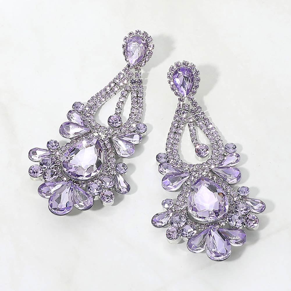 Lavender chandelier statement teardrop stone cluster evening earrings on silver on white background