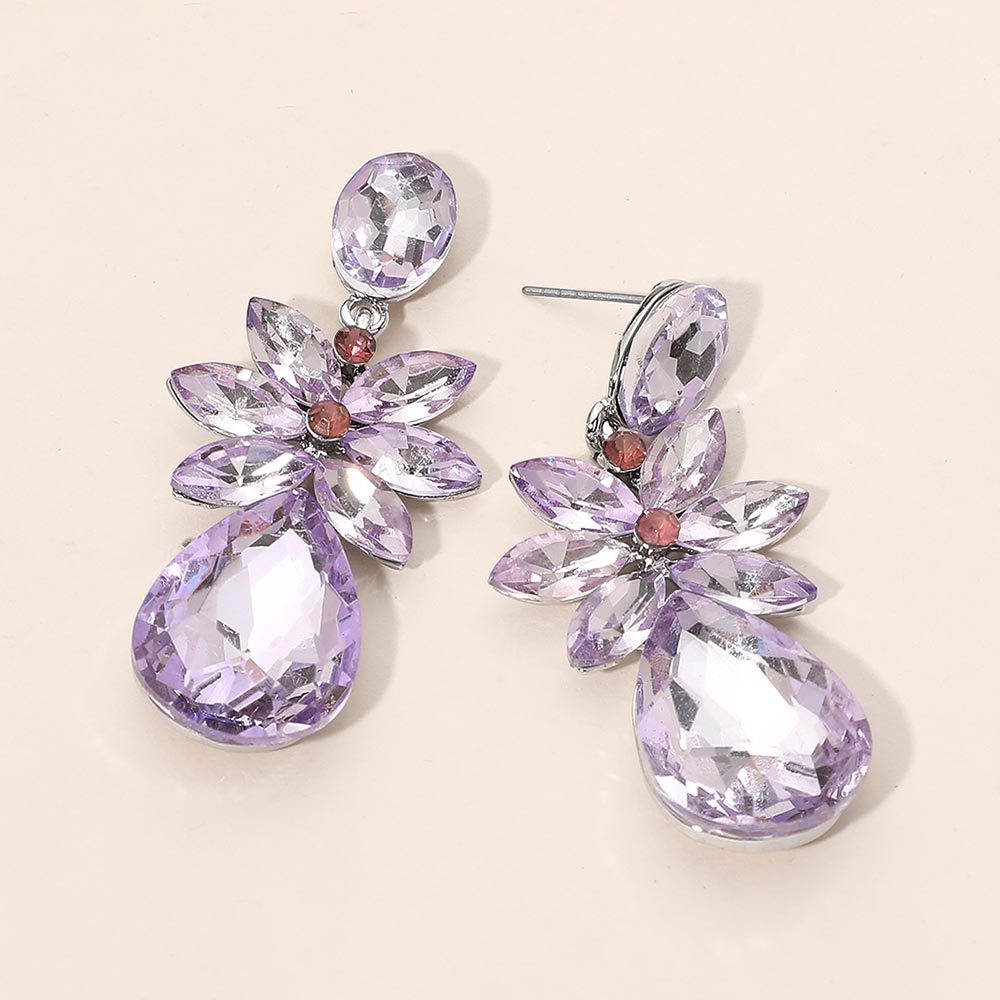 Lavender Purple crystal flower teardrop earrings on silver displayed on white background