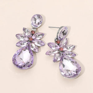 Lavender Purple crystal flower teardrop earrings on silver displayed on white background
