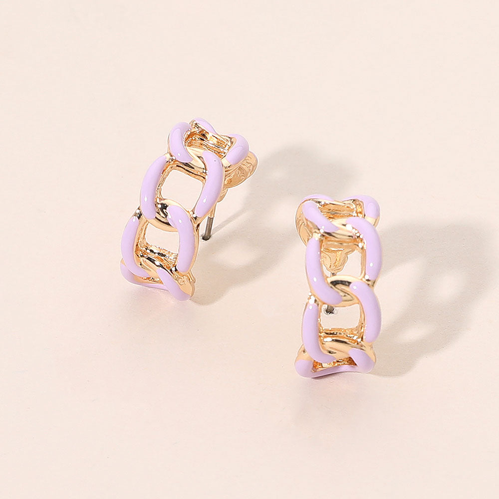 Lavender purple enamel chain hoop earrings with mini linked half-hoop design and post-back closure on a beige background