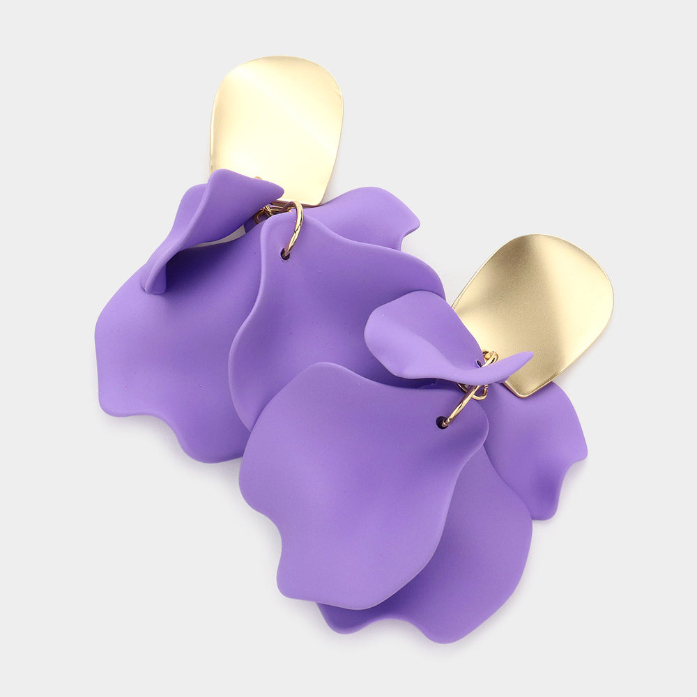 Lavender layered petal cluster statement drop fun fashion earrings on gold on a white background