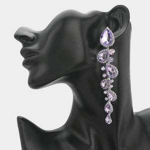 Lavender purple long teardrop stone cluster drop evening earrings on silver on a black mannequin ear