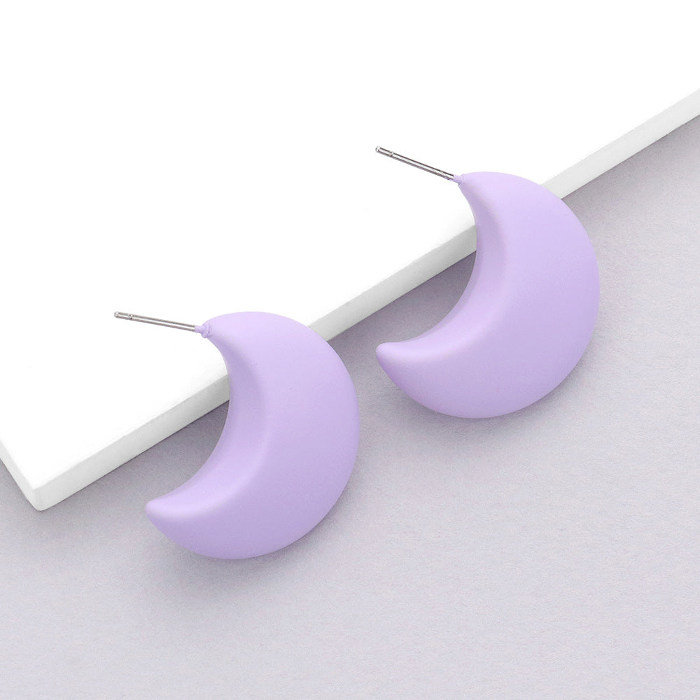 Lavender soft purple matte crescent moon earrings on a white background