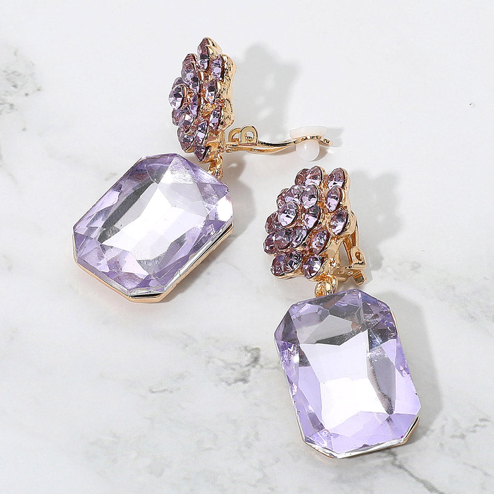 Lavender Rectangle dangle stone and Rhinestone Cluster Clip On Earrings on a white background 2"
