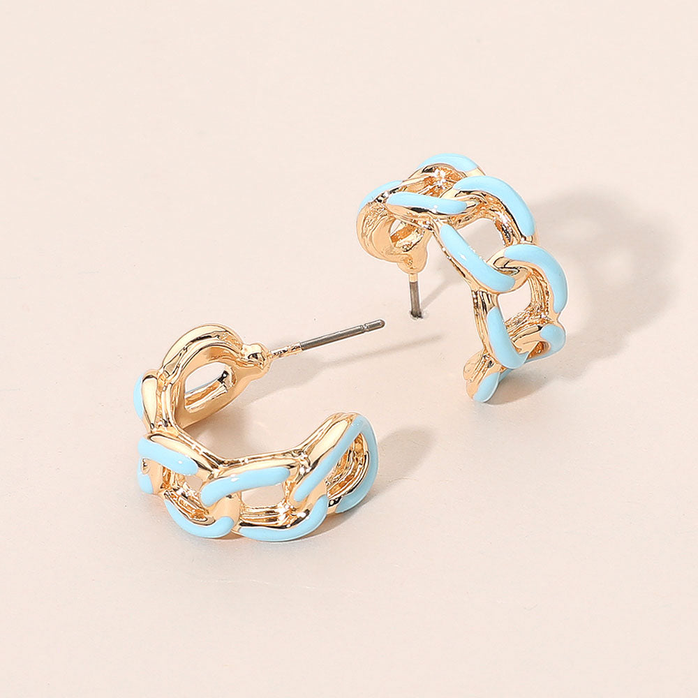 Light Blue enamel chain hoop earrings with mini linked half-hoop design and post-back closure on a beige background