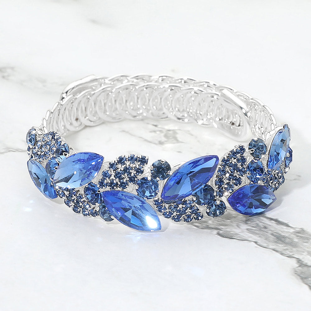 Light Blue marquise stone cluster adjustable bracelet on silver on marble surface