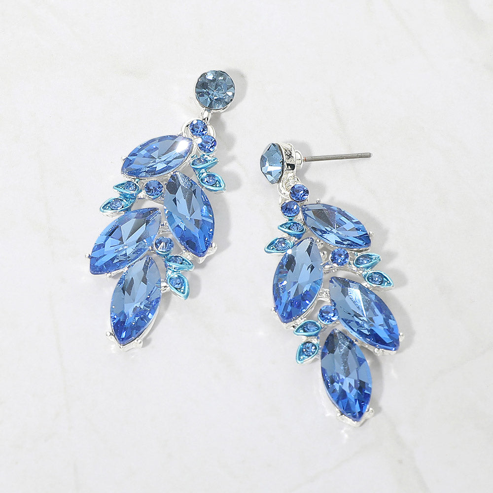 Light blue marquise stone cluster leaf drop earrings on silver on white background