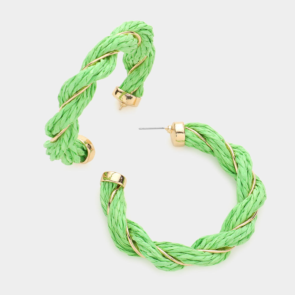 Light Green Braided with Raffaia and Gold wire half hoop earrings on a white background 2.3"