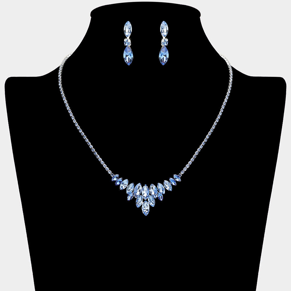 Light Sapphire Crystal Cluster Statement Necklace with matching earrings – Sparkling Rhinestone Embellished Jewelry. Shown here on a black mannequin bust. 