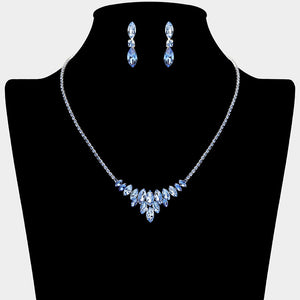 Light Sapphire Crystal Cluster Statement Necklace with matching earrings – Sparkling Rhinestone Embellished Jewelry. Shown here on a black mannequin bust. 