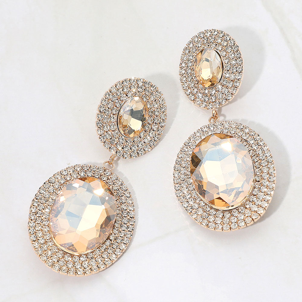 Light Topaz Gold Stone crystal double oval halos surrounded by rhinestones on gold on a white background — elegant 2.8" statement jewelry for weddings, prom, and evening glam.