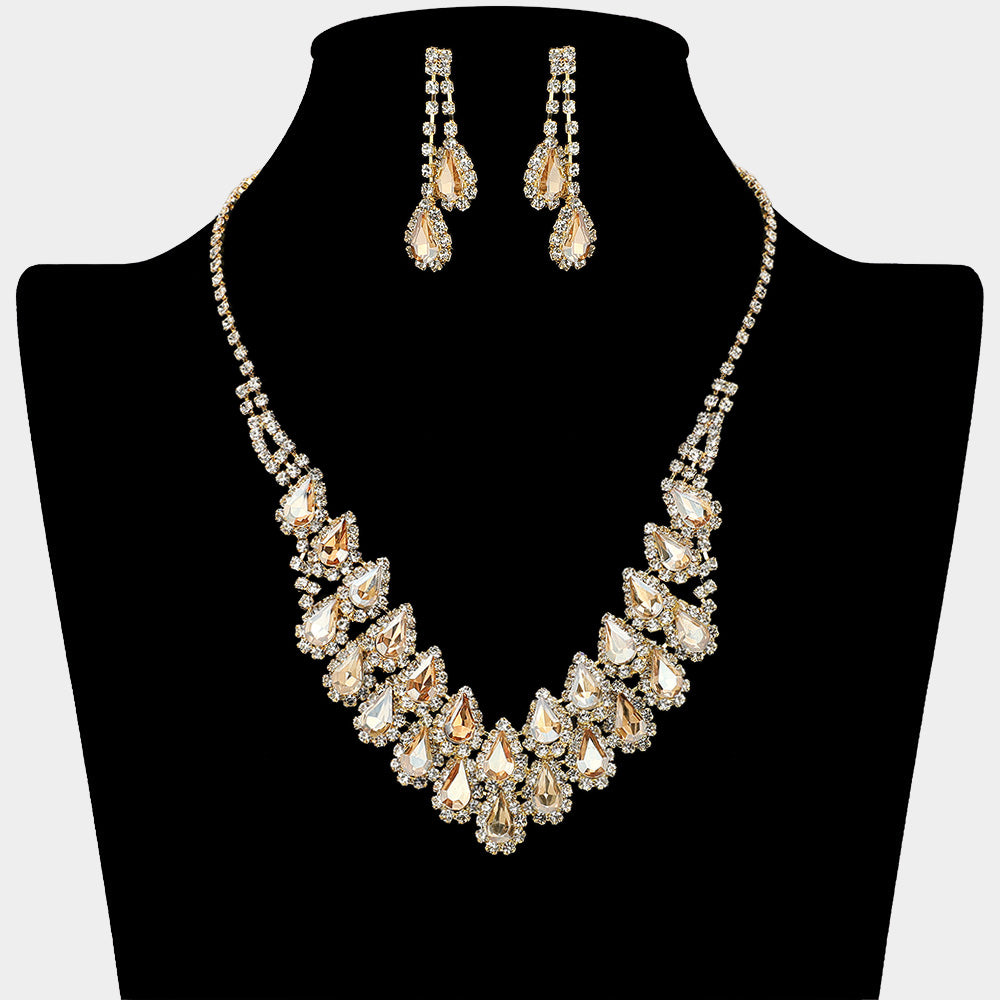 Light Topaz Crystal Rhinestone Double Row Necklace Set on a black mannequin bust on a white background