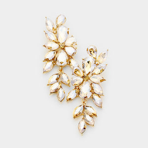 Champagne Gold Stone crystal marquise statement earrings on gold with a cascading arrangement of faceted marquise stones, displayed on a white background.