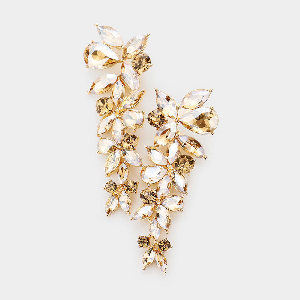 Light Topaz Gold Stone floral multi stone drop earrings on gold with layered crystal cluster design, 3 inch statement earrings on a white background