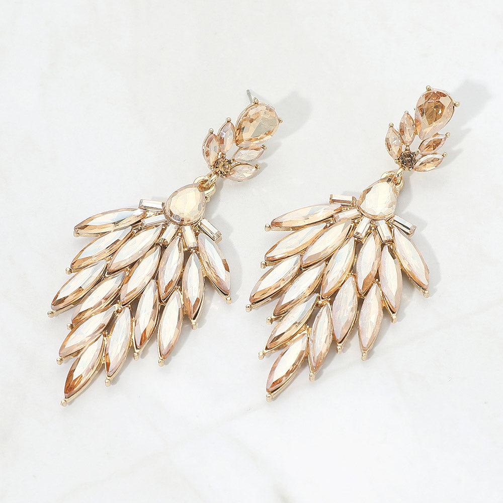 Light topaz gold stone marquise cluster pageant prom drop earrings in a gold setting on a white background