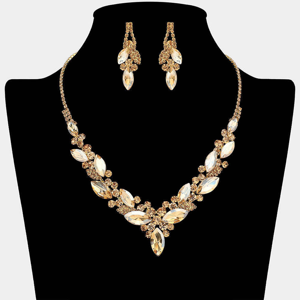 Gold Stone Light Topaz marquise crystal cluster statement necklace set with matching earrings on gold, shown on a black mannequin bust on a white background