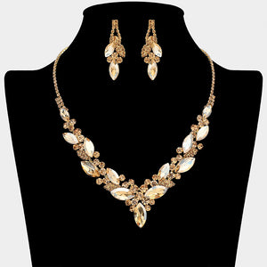 Gold Stone Light Topaz marquise crystal cluster statement necklace set with matching earrings on gold, shown on a black mannequin bust on a white background