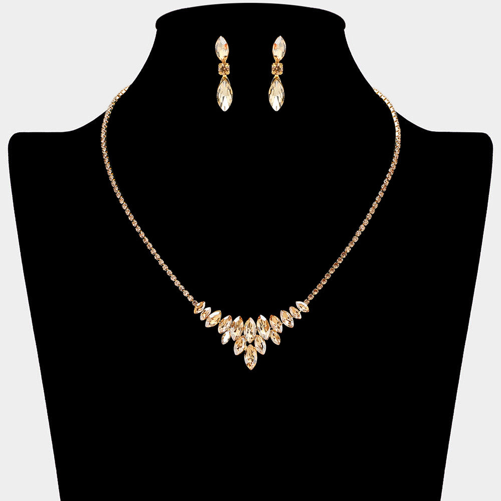Topaz-Gold Stone Marquise Crystal Cluster Statement Necklace with matching earrings – Sparkling Rhinestone Embellished Jewelry. Shown here on a black mannequin bust. 