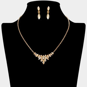 Topaz-Gold Stone Marquise Crystal Cluster Statement Necklace with matching earrings – Sparkling Rhinestone Embellished Jewelry. Shown here on a black mannequin bust. 