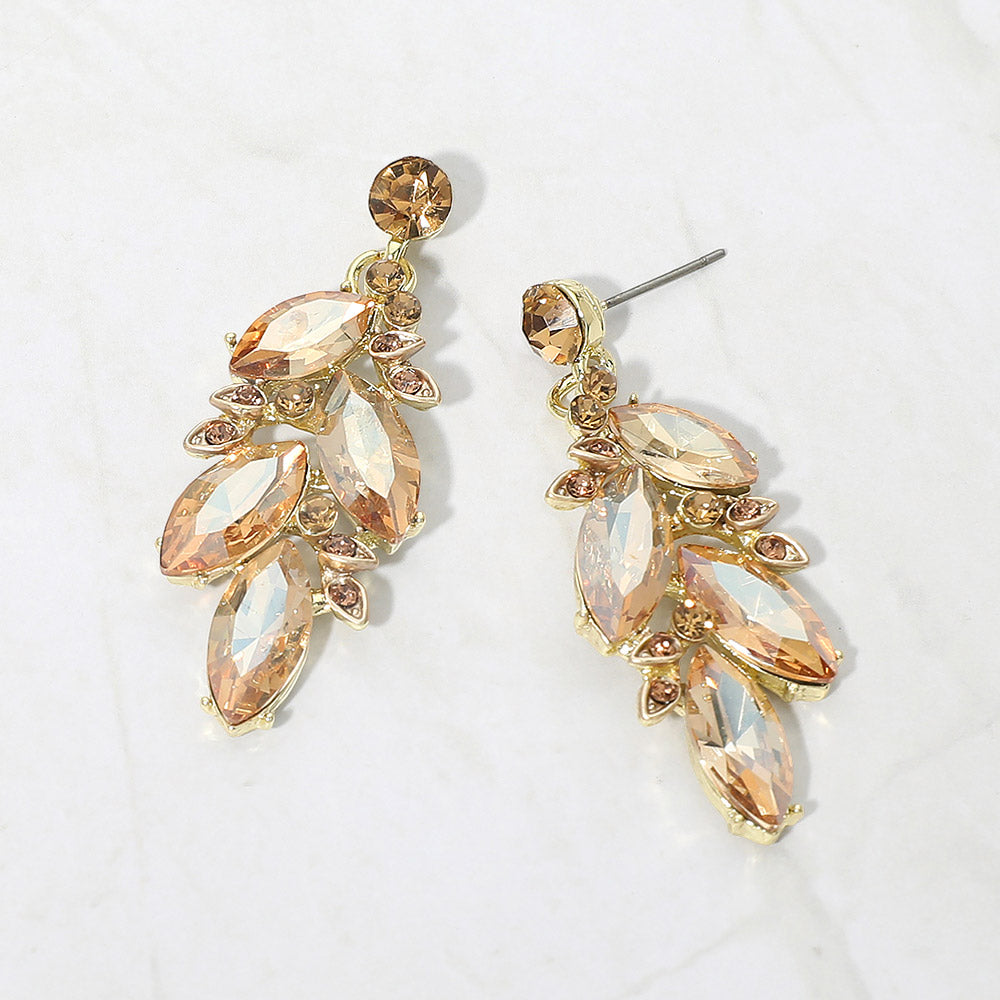 Gold stone light topaz marquise cluster leaf drop earrings on gold on white background