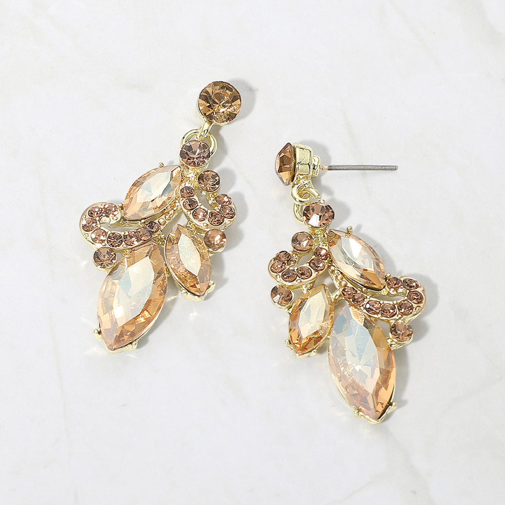 Gold Stone-Light Topaz marquise stone cluster prom, beauty walk and formal drop earrings on gold on white background