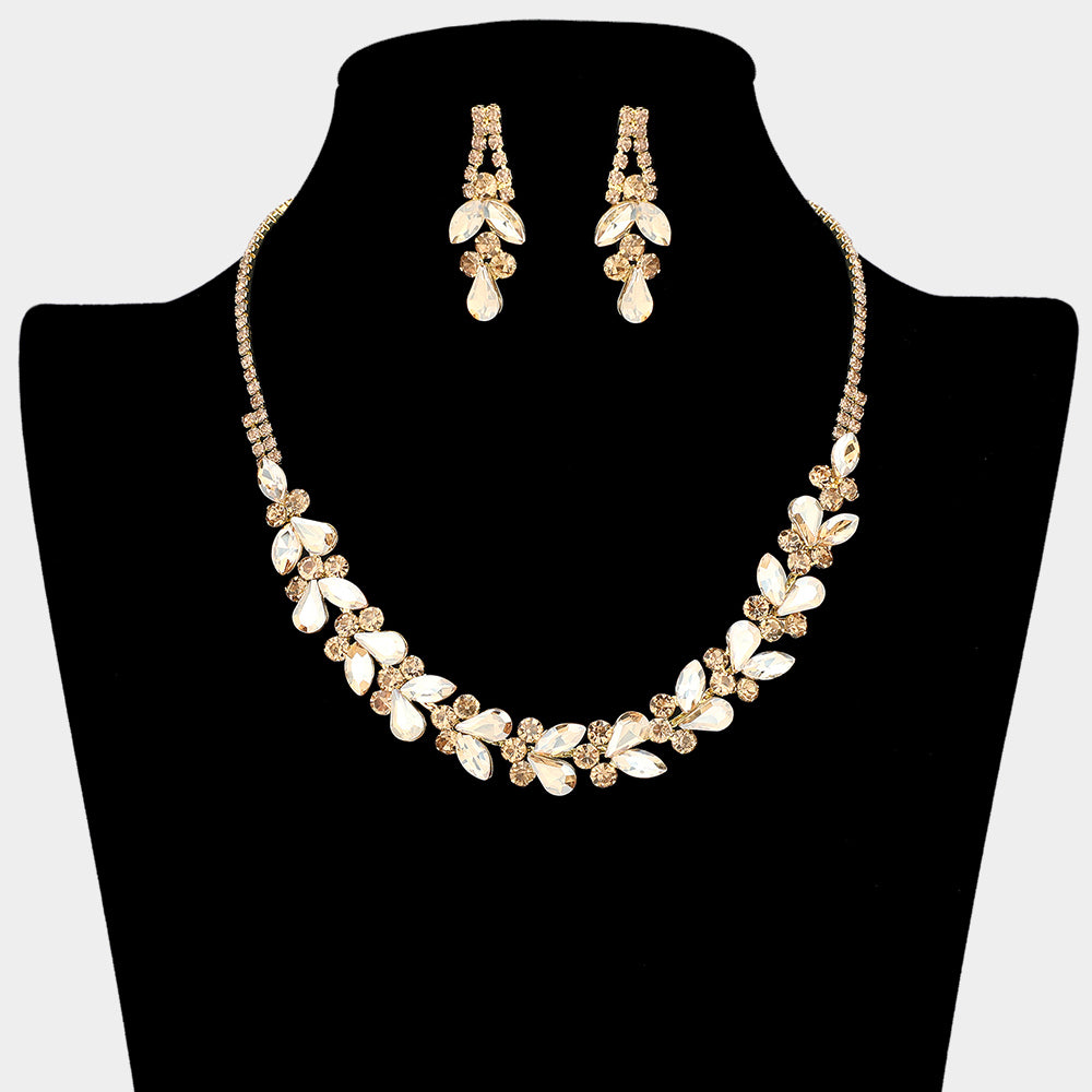 Gold Stone-Light Topaz marquise and teardrop rhinestone prom and evening necklace set on gold displayed on black mannequin necklace bust