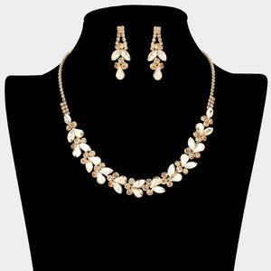 Gold Stone-Light Topaz marquise and teardrop rhinestone prom and evening necklace set on gold displayed on black mannequin necklace bust