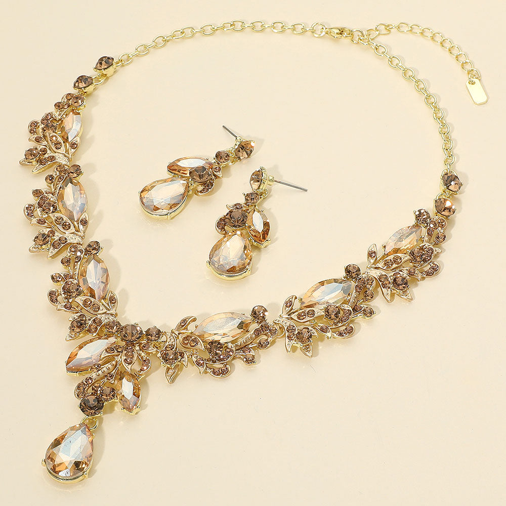 Light Topaz Multi Stone Evening Necklace Set gold backed on a cream background