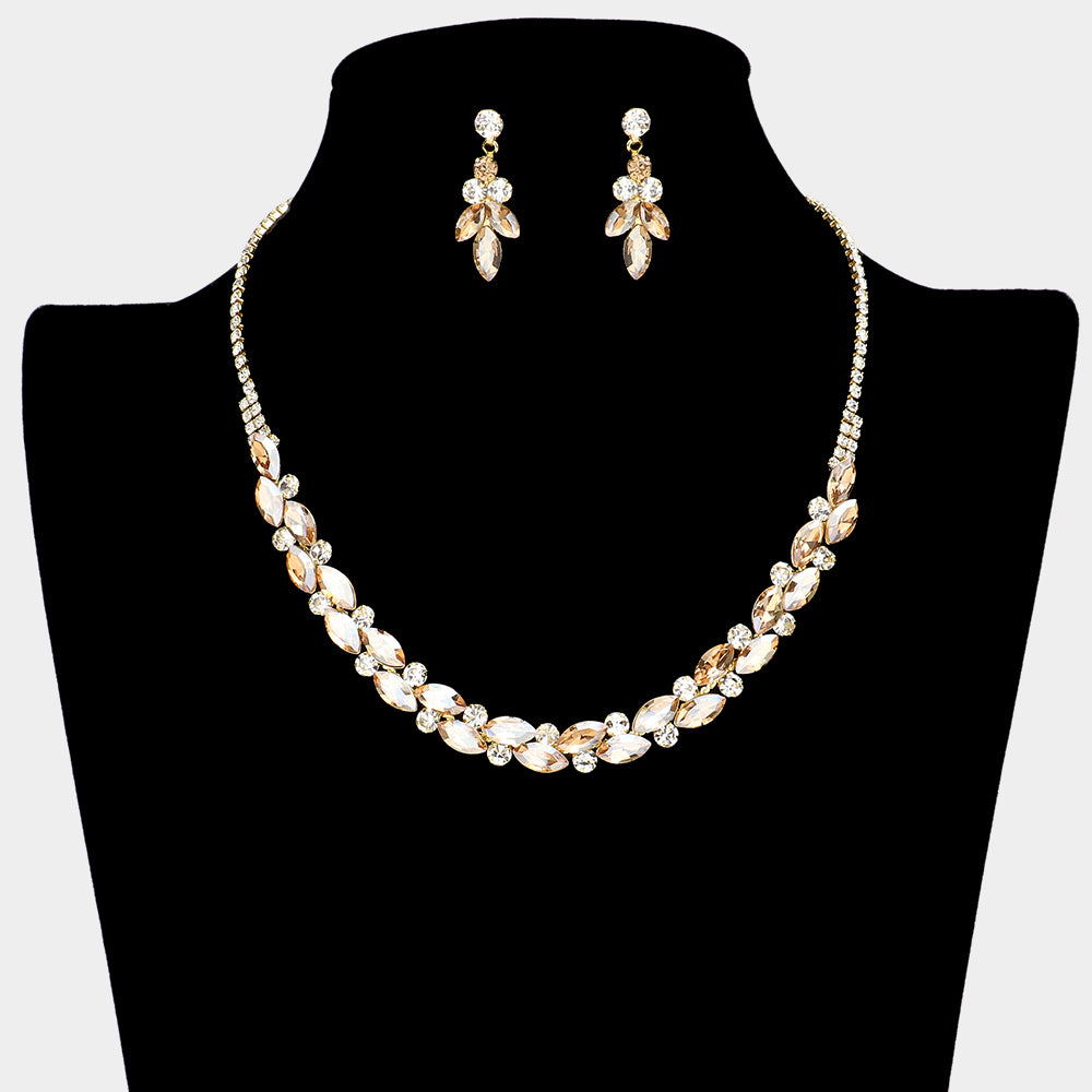 Light topaz Round Marquise Rhinestone Necklace on a black mannequin bust on a white background