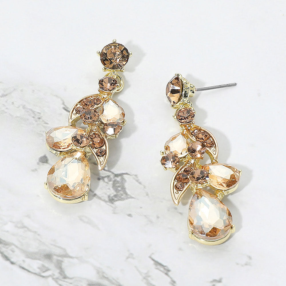 Gold Stone-Light Topaz teardrop crystal cluster drop prom and formal earrings on gold on white marble background