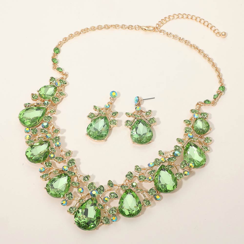 Lime Teardrop Rhinestone Floral Necklace Set on Gold– Crystal Prom Evening Jewelry |  691951