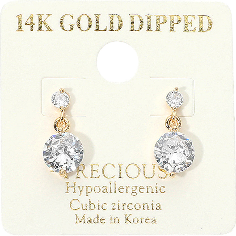 Little Girls clear crystal round drop earrings on gold featuring a smaller round crystal suspended above a larger round crystal, displayed on a white jewelry card.