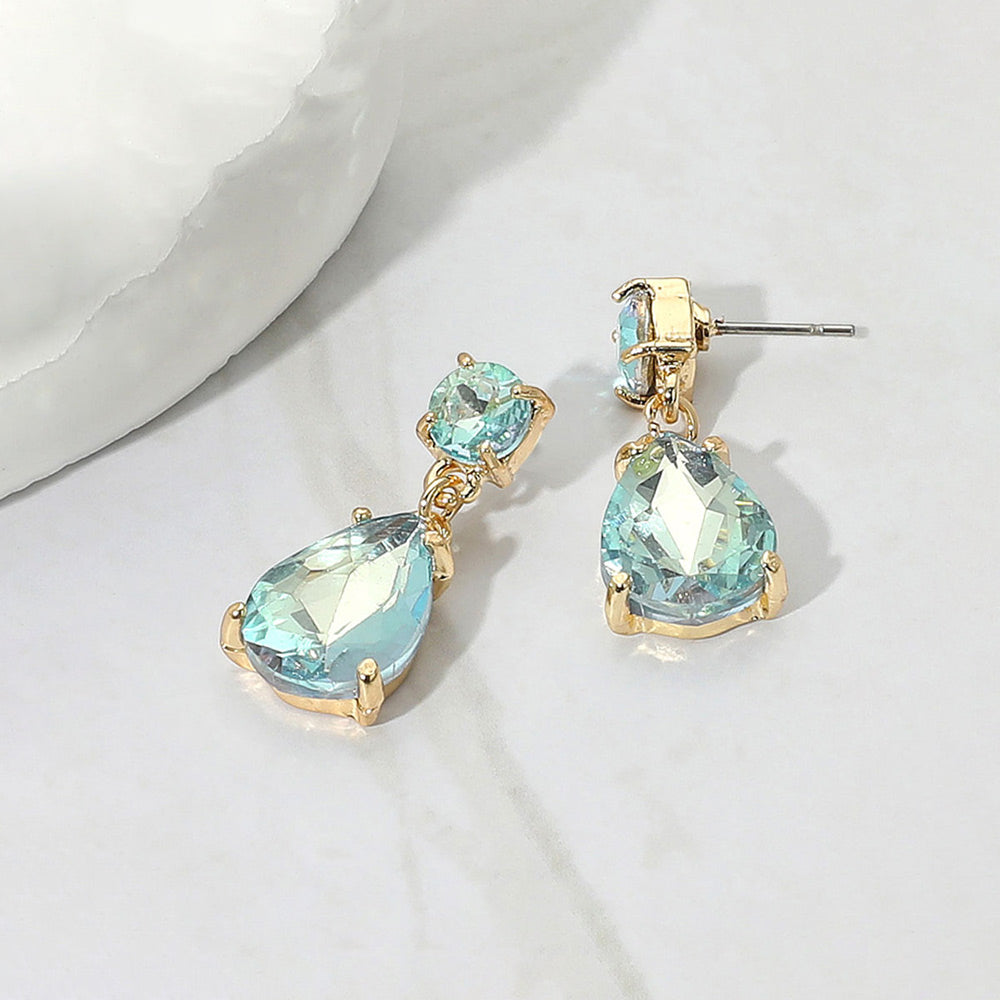 AB Aqua Small Teardrop and circle drop crystal dangle earrings for little girls 0.4" x 1"
