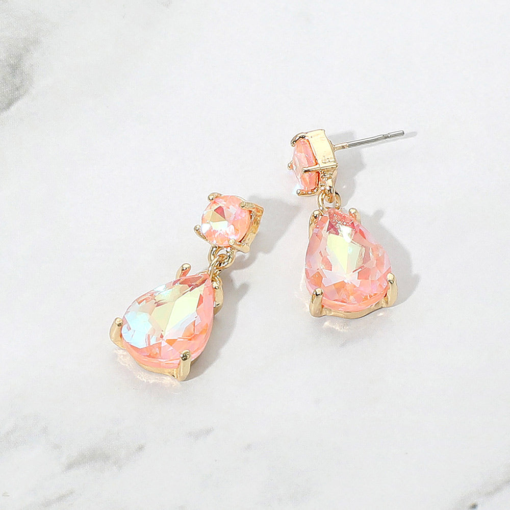 AB Pink Small Teardrop and circle drop crystal dangle earrings for little girls 0.4" x 1"