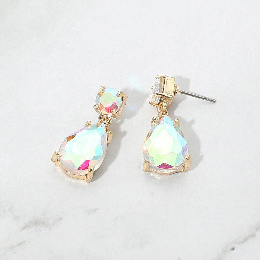 AB Small Teardrop and circle drop crystal dangle earrings on Gold for little girls 0.4" x 1"