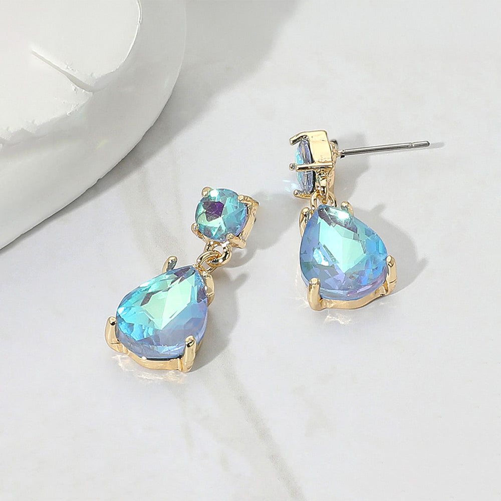 Aqua AB Small Teardrop and circle drop crystal dangle earrings for little girls 0.4" x 1"