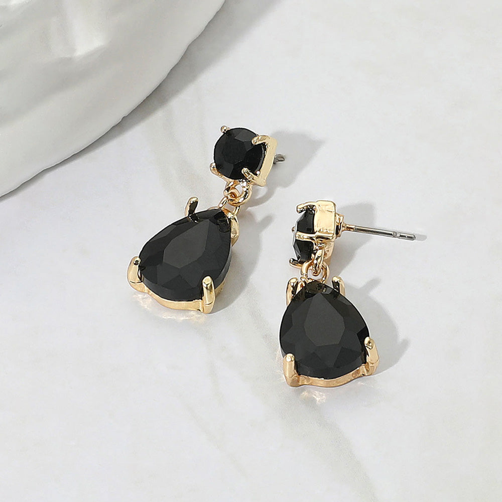 Black Small Teardrop and circle drop crystal dangle earrings for little girls 0.4" x 1"