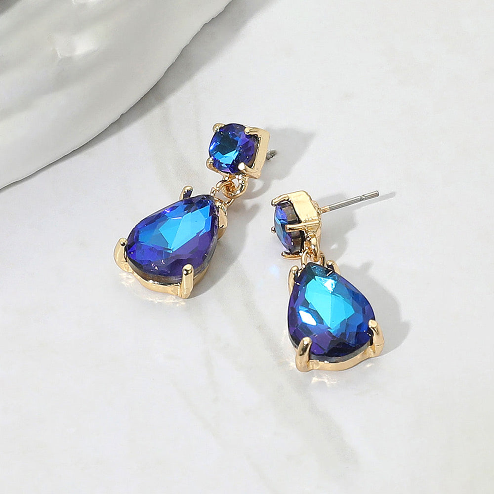 Blue Small Teardrop and circle drop crystal dangle earrings for little girls 0.4" x 1"