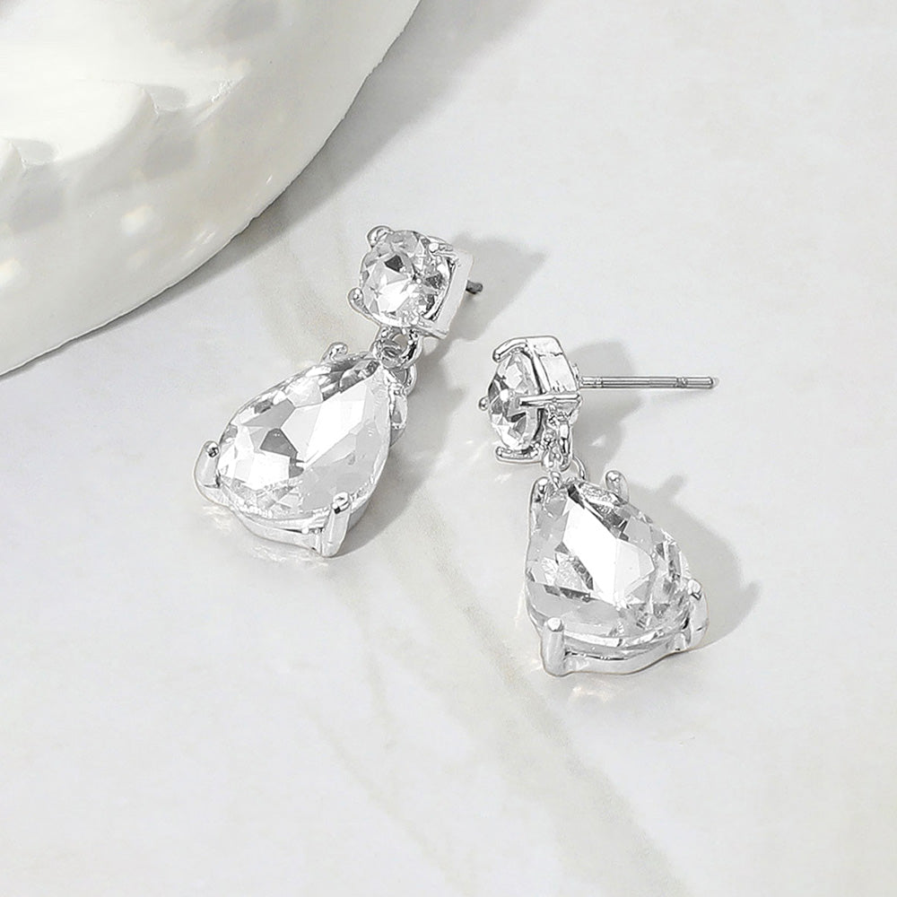 Clear Small Teardrop and circle drop crystal dangle earrings for little girls 0.4" x 1"